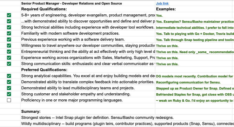 My “Job Preparedness” spreadsheet. Copy each qualification into a spreadshseet, then add a check and a story.